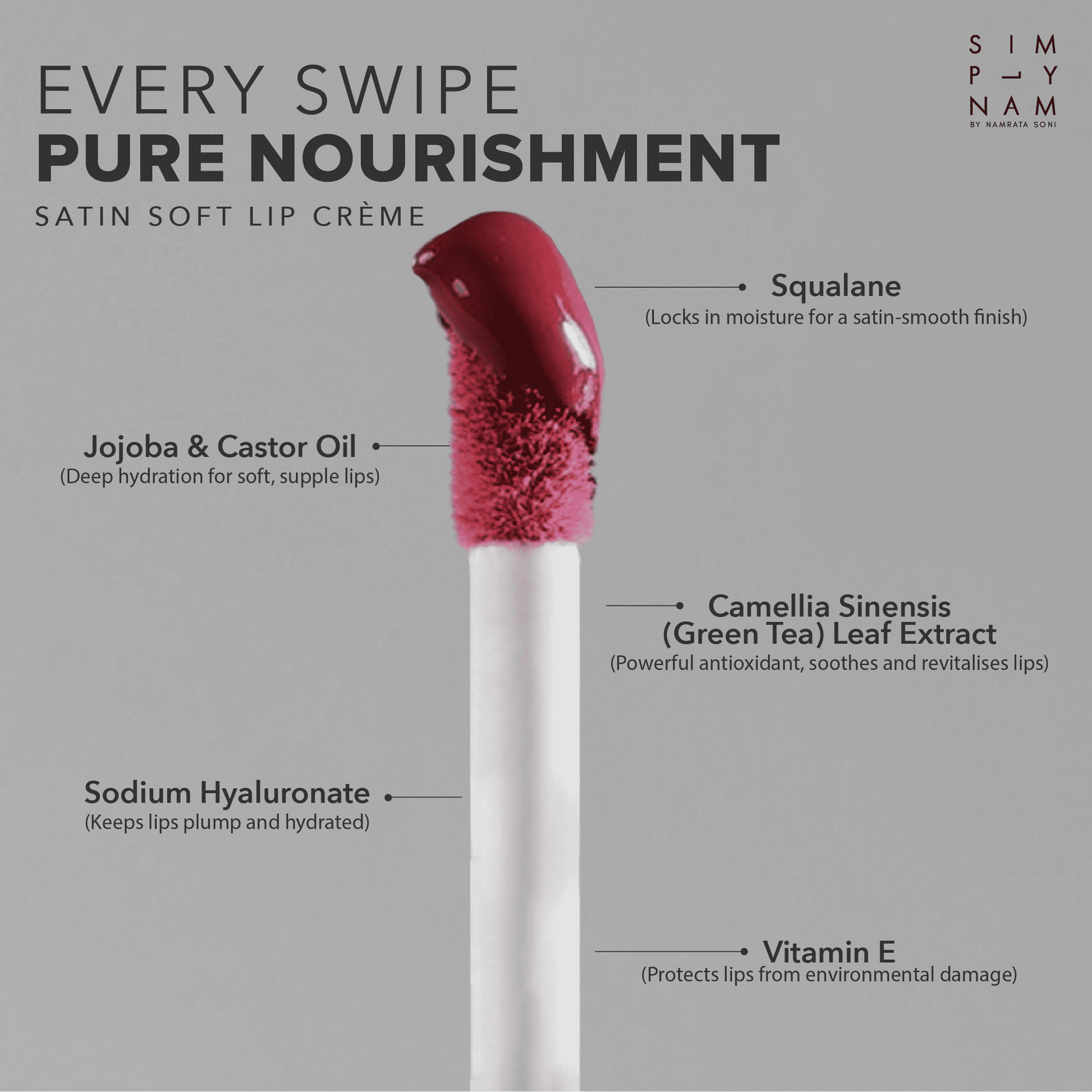 Simply Nam Satin Soft Lip Creme, Hydrating, Botanical Colour for Everyday Lips - Almond Pink