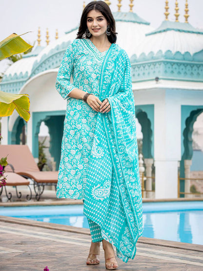 Indyancart VA Women'sEthnic Motifs Printed Regular Mirror Work Kurta with Trouser & Dupatta