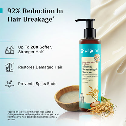 Pilgrim Korean Rice Water & Collagen Advance Damage Repair Shampoo For Dry Frizzy & Damaged Hair