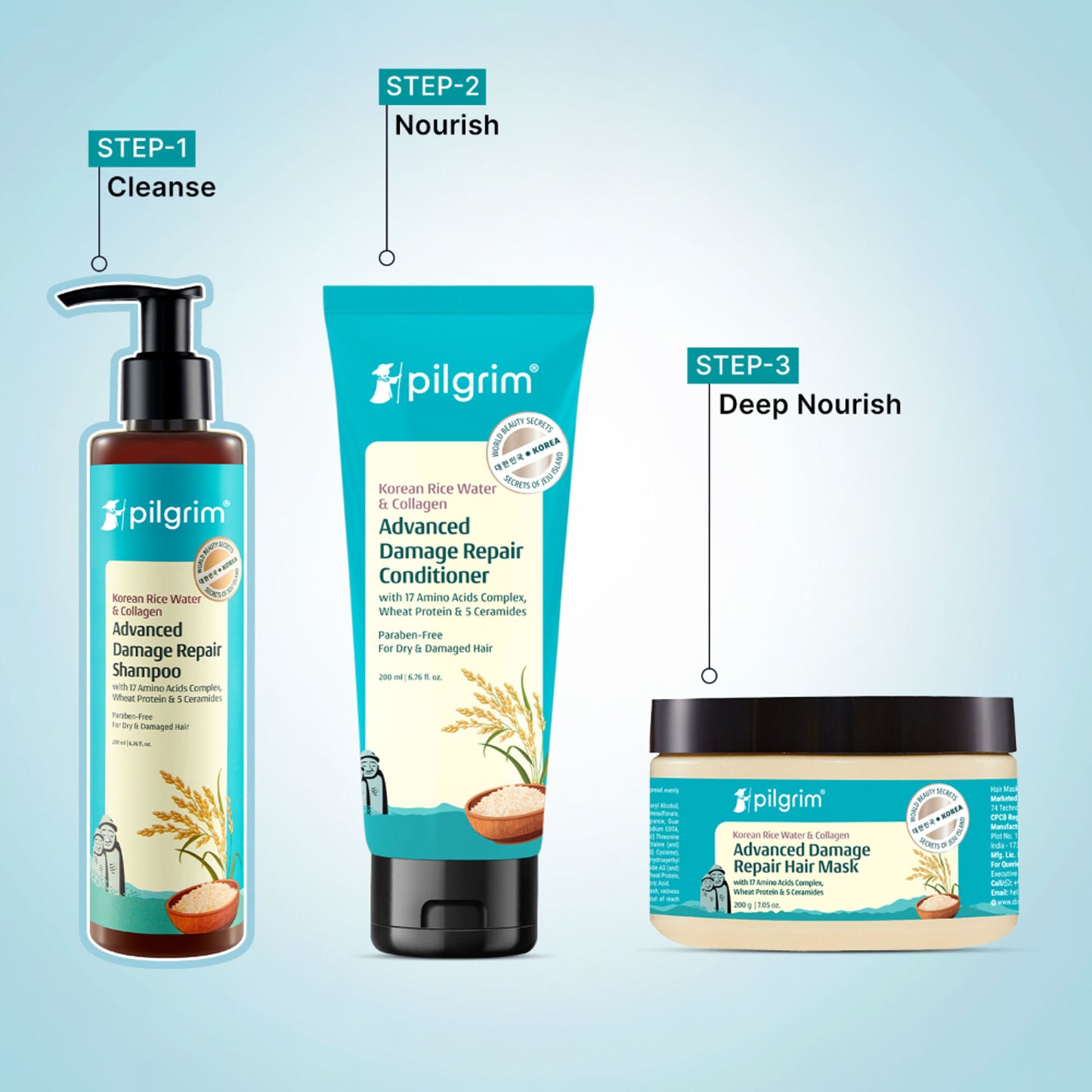 Pilgrim Korean Rice Water & Collagen Advance Damage Repair Shampoo For Dry Frizzy & Damaged Hair
