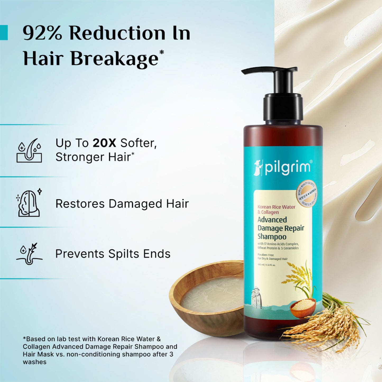 Pilgrim Korean Rice Water & Collagen Advance Damage Repair Shampoo For Dry Frizzy & Damaged Hair