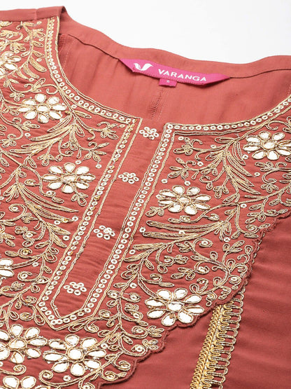 Indyancart VA Women'sFloral Embroidered Panelled Sequinned Kurta with Trousers & Dupatta