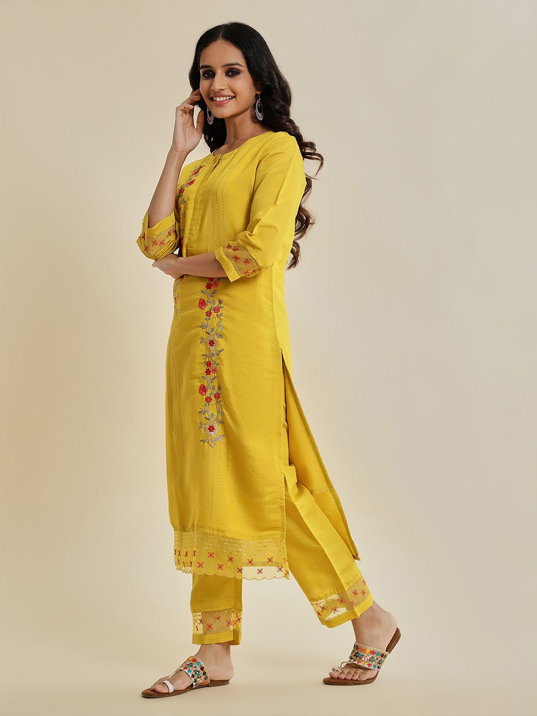 Indyancart VA Women'sYellow Floral Embroidered Sequinned Kurta With Trousers & Dupatta