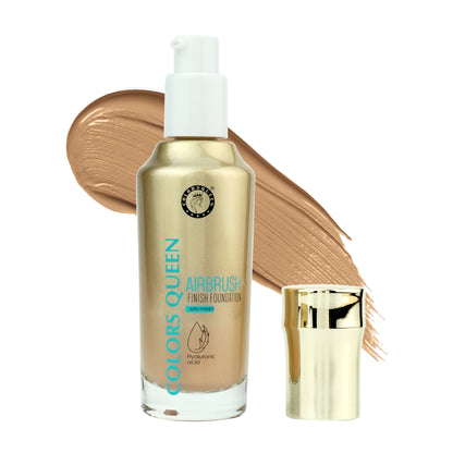 Colors Queen Airbrush Foundation with Primer in Medium Beige, showing the sleek bottle and applicator for even skin tone.
