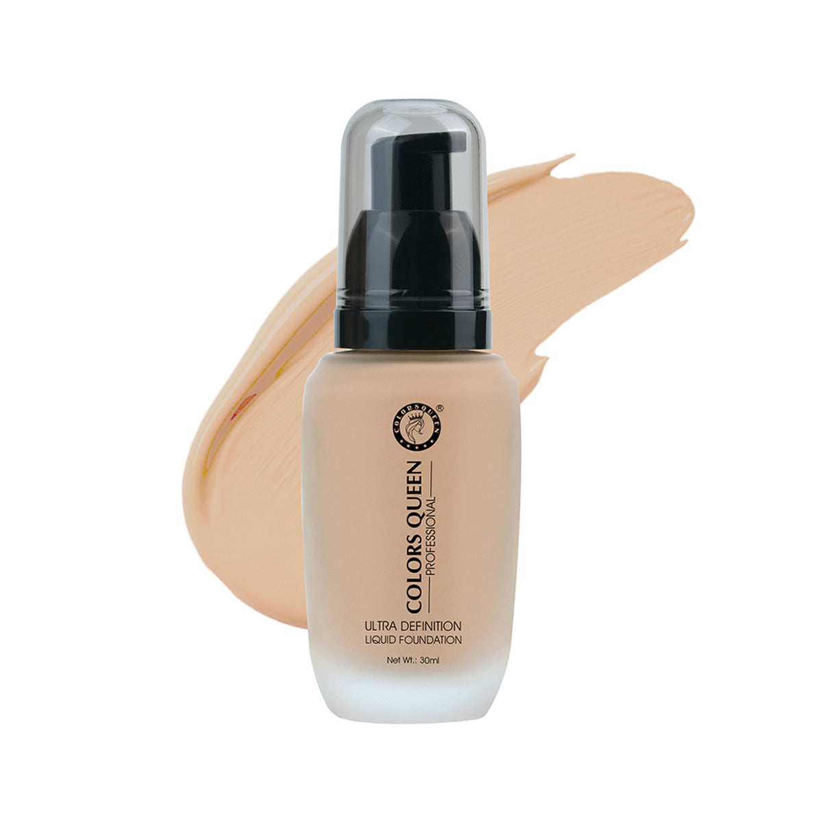 Colors Queen Ultra Definition Liquid Foundation in Honey, a close-up of the foundation bottle showing the product label and color.