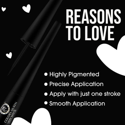 Colors Queen Very Matte Waterproof Eyeliner in black, featuring a sleek applicator tip and smooth matte finish.