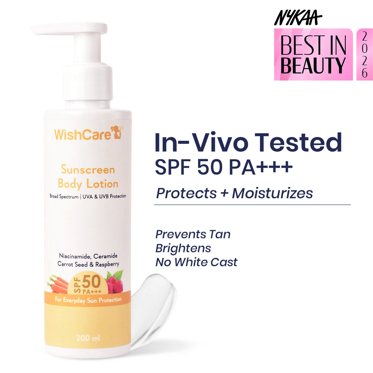 WishCare Sunscreen Body Lotion SPF50 PA+++-In Vivo Tested-UV Protection-No White Cast-Prevents Tan