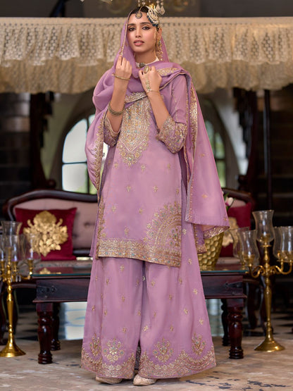 Indyancart IE Ethnic Motifs Embroidered Sequinned Straight Kurta Palazzos With Dupatta