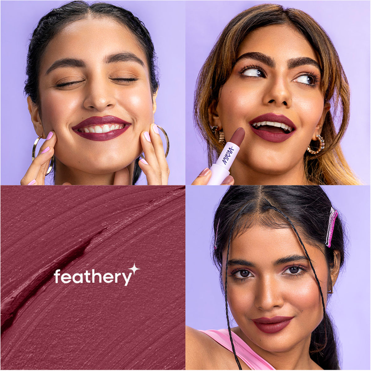 Nykaa Superlight Powder Matte Feathertouch Lipstick in high pigment, featuring a feathered, soft matte finish from Nykaa Cosmetics.