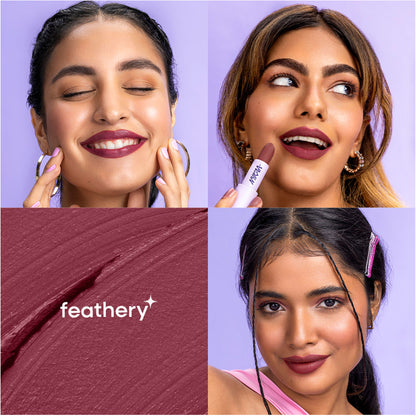 Nykaa Superlight Powder Matte Feathertouch Lipstick in high pigment, featuring a feathered, soft matte finish from Nykaa Cosmetics.
