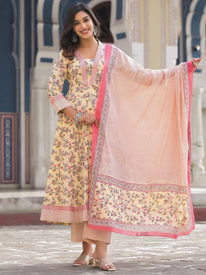 Indyancart VA Women'sFloral Printed Pure Cotton Empire Anarkali Kurta With Trouser & Dupatta