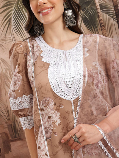 Indyancart SN Women's Floral Print Paneled Kurta with Trousers & Dupatta