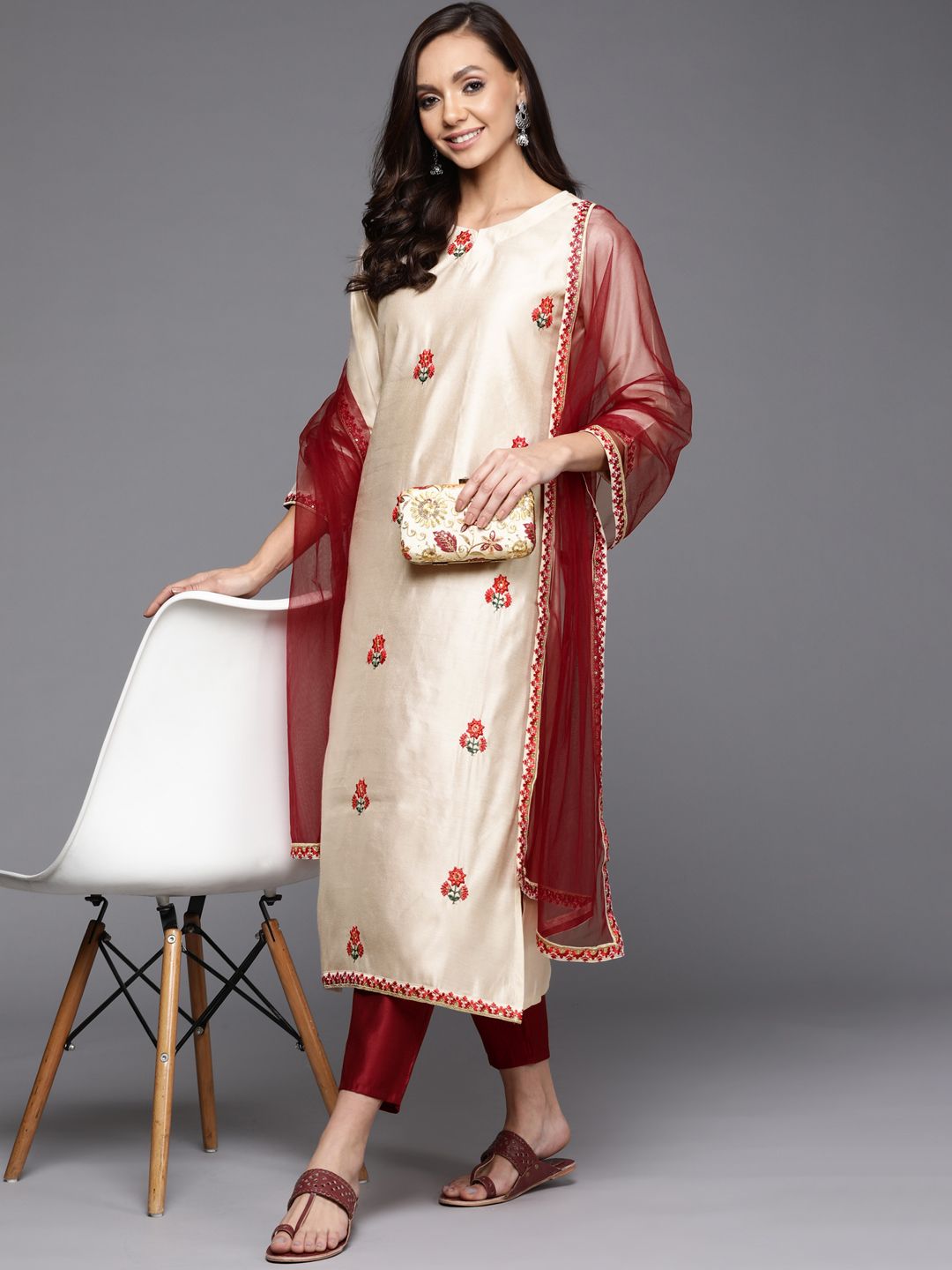 Indyancart IE Women Off White Ethnic Motifs Embroidered Sequinned Kurta with Palazzos & With Dupatta