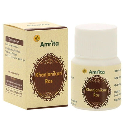 Ayurvedic tablets labeled Amrita Khanjanikari Ras, showing the herbal supplement in a clear container with tablets inside.