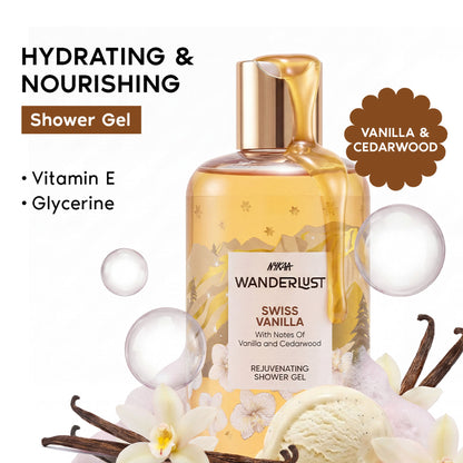 Nykaa Wanderlust Perfume Shower Gel - Hydrating, Brightening & Cleansing - Swiss Vanilla