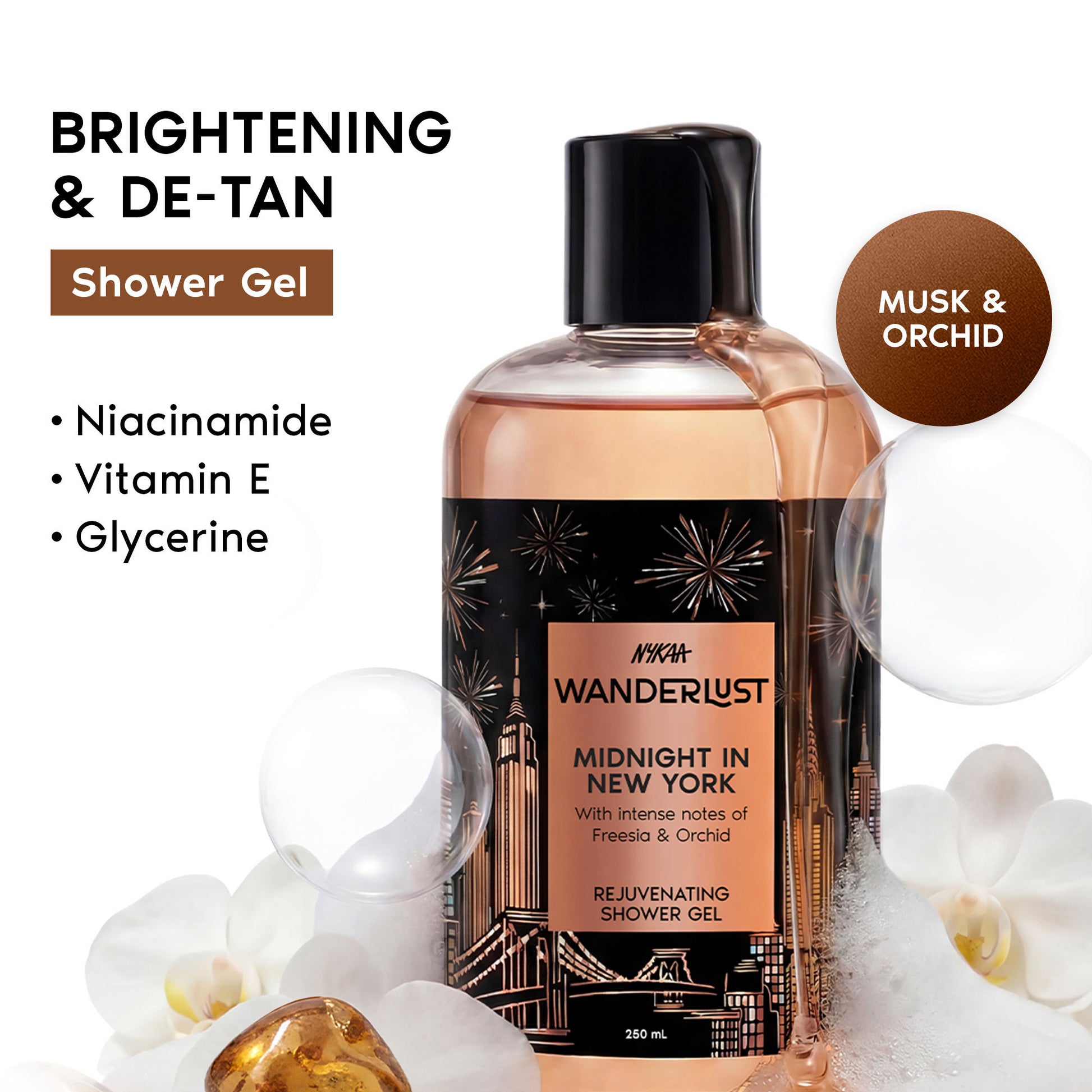 Wanderlust Midnight in New York Hydrating Body Wash Niacinamide Vit E Musk Orchid Caramel Lily