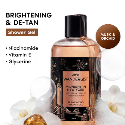 Wanderlust Midnight in New York Hydrating Body Wash Niacinamide Vit E Musk Orchid Caramel Lily
