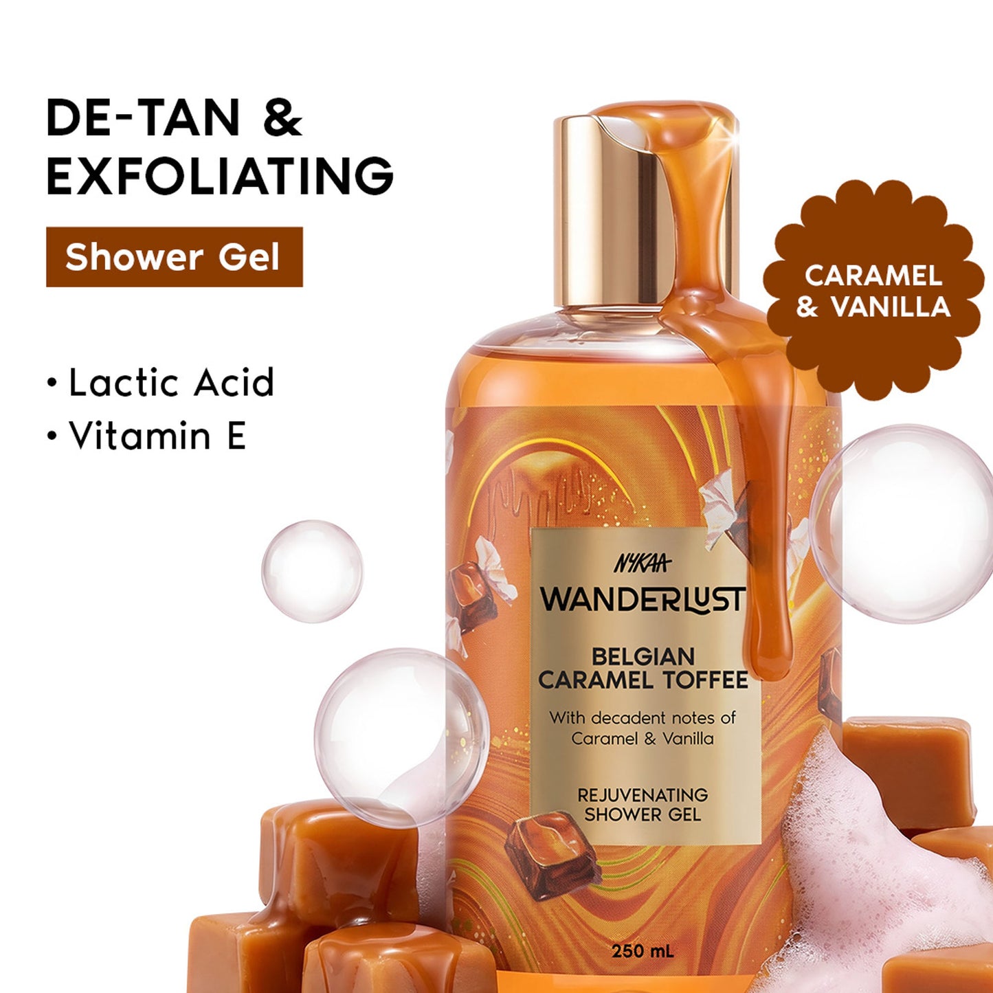 Nykaa Wanderlust Belgian Caramel Toffee Perfume Body Wash Lactic Acid Hydrating Brightening Vanilla