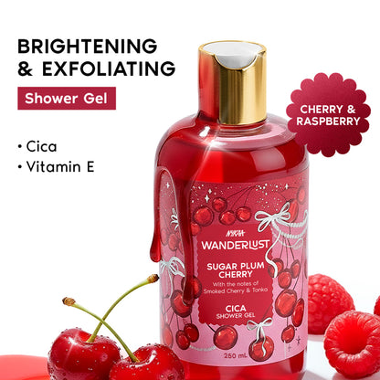 Wanderlust Sugar Plum Cherry Perfume Shower Gel With Cica, Vitamin E (Raspberry, Rose Perfume)