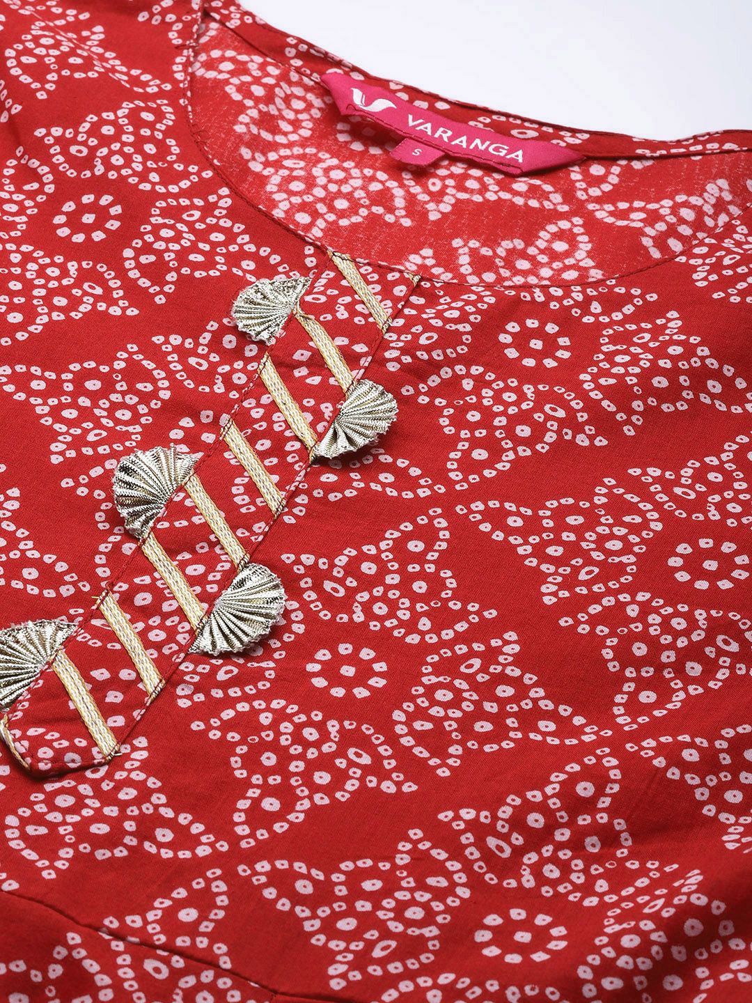Indyancart VA Women's Red & White Bandhani Printed Anarkali Kurta with Sharara & With Dupatta