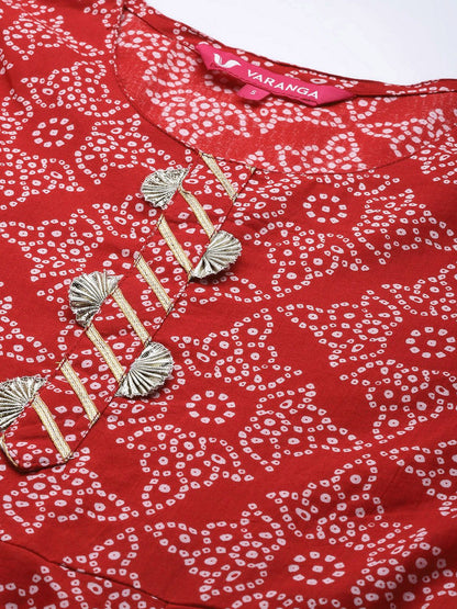Indyancart VA Women's Red & White Bandhani Printed Anarkali Kurta with Sharara & With Dupatta