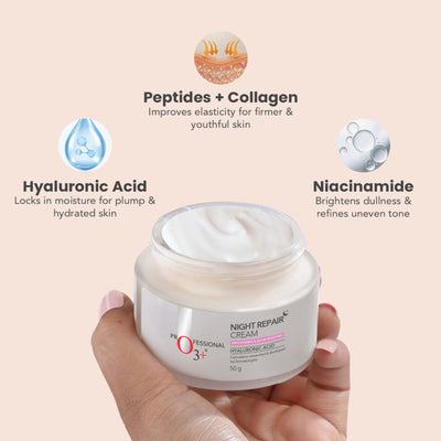 O3+ Night Repair Cream - Moisturiser For Brightening & Glow Boosting | Fades Finelines & Wrinkles