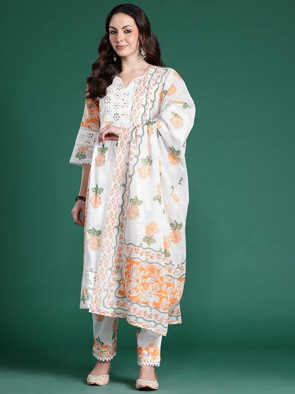 Indyancart IE Floral Printed Pure Cotton Kurta with Trousers & Dupatta