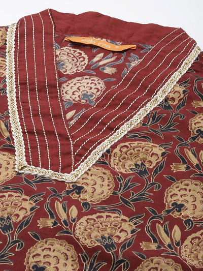 Dhiyona IE Women Maroon Floral Printed Sequinned Kurta with Palazzos & Dupatta