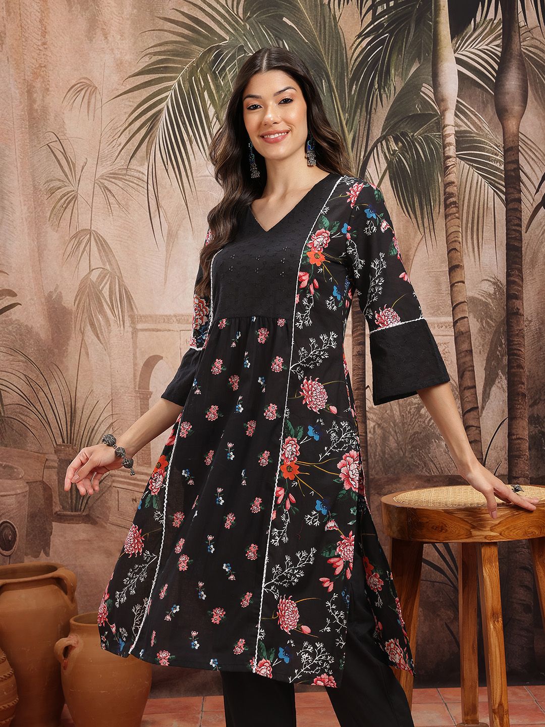 Indyancart SN Women's Floral Print Pleated Schiffli Detail Cotton Kurta with Trousers