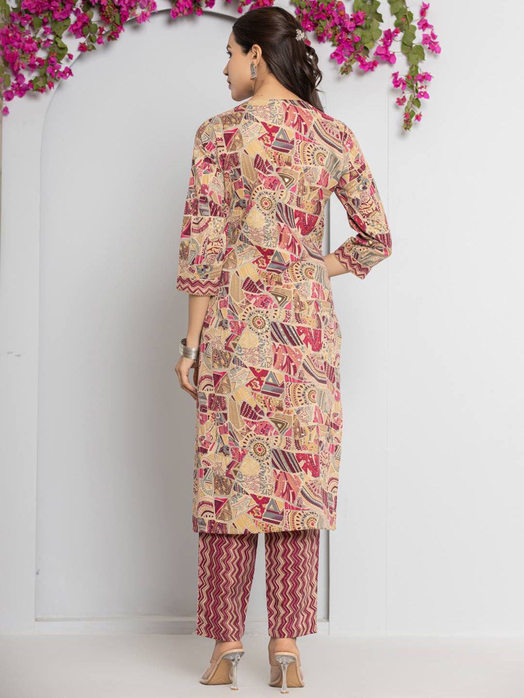 Indyancart VA Women's Abstract Printed Neck Embroidered Regular Kurta with Trouser & Dupatta