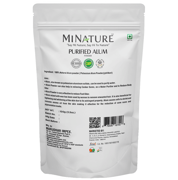 Miniature purified alum powder face pack in a small container, showcasing the fine white powder for skincare.