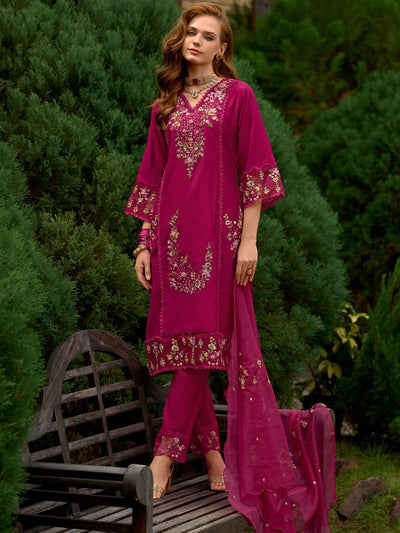 Indyancart IE Women Floral Embroidered Panelled Sequinned Kurta with Trousers & With Dupatta