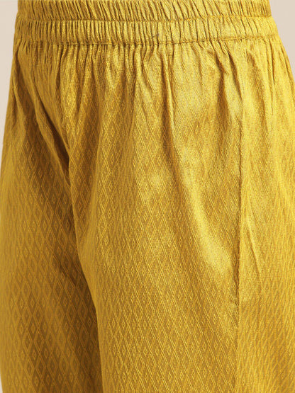 Indyancart VA Women's Mustard Yellow Embroidered Pure Silk Kurta with Trousers & With Dupatta