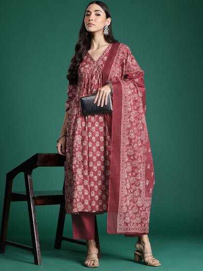 Indyancart IE Floral Printed Empire Pure Cotton Kurta with Trousers & With Dupatta