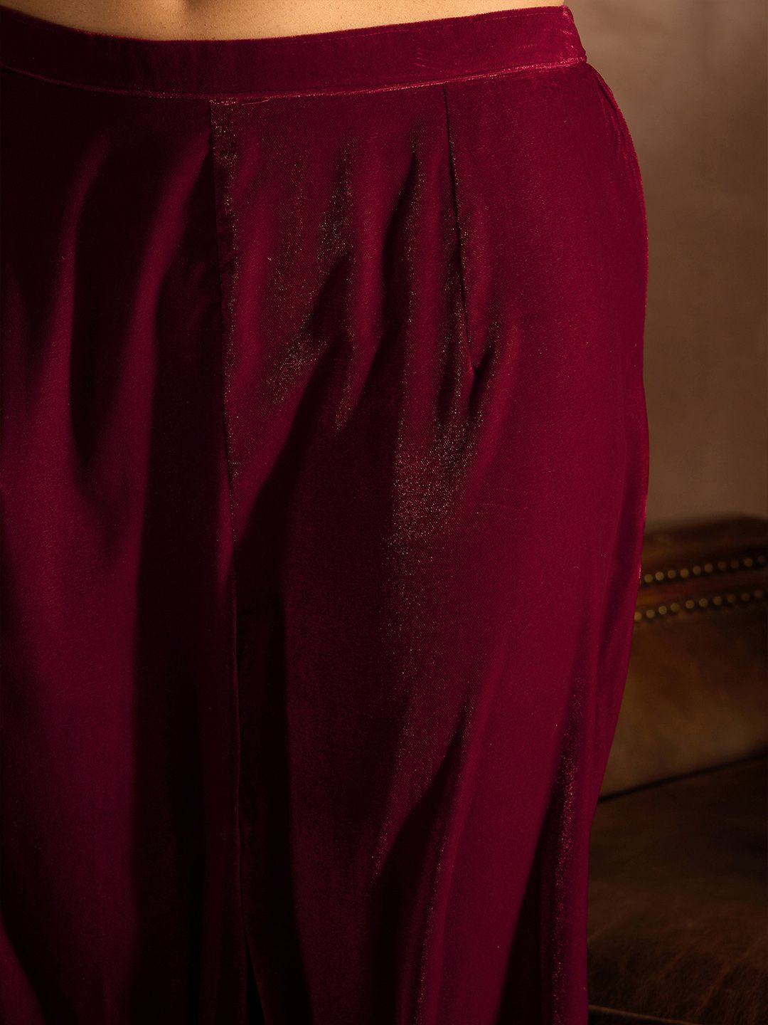Indyancart IE Women Empire Thread Work Velvet Kurta with Trousers & With Dupatta