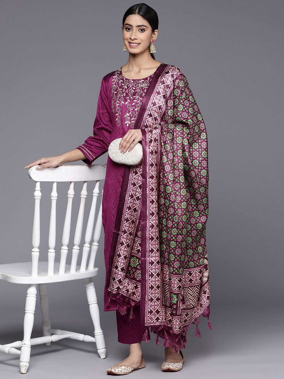 Indyancart VA Women'sFloral Zari Embroidered Gotta Patti Kurta & Trousers With Dupatta