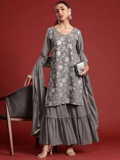 Indyancart IE Floral Embroidered Sequinned Kurta With Sharara & Dupatta