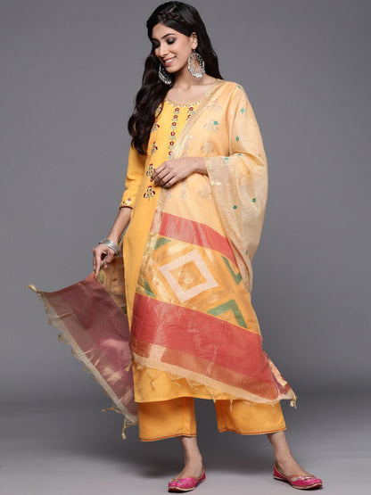 Women Yellow Embroidered Kurta with Palazzos & With Dupatta