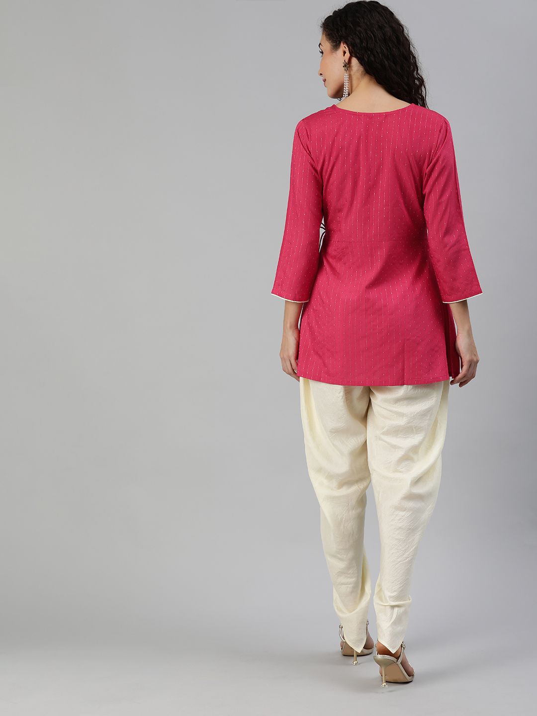 Indyancart IE Women Pink Woven Design Top with Dhoti Pants