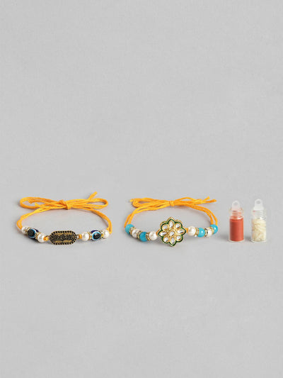 Indyancart Unisex Set of 2 Beaded Bhai Bhabhi Rakhis With Roli & Chawal