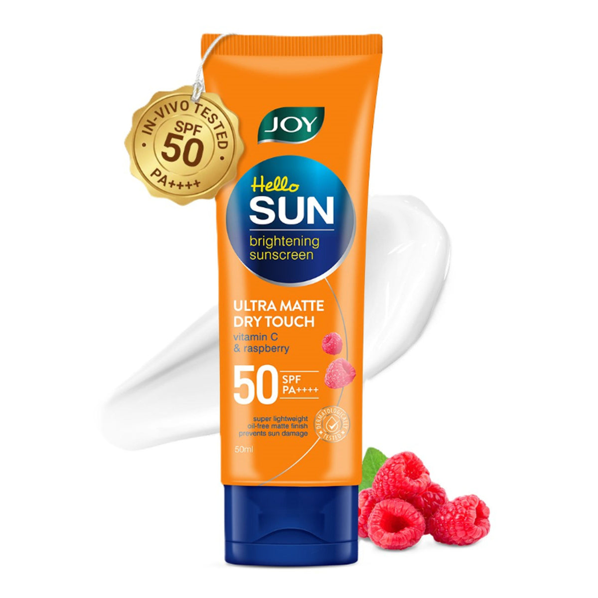 Joy Revivify Hello Sun Ultra Matte Dry Touch SPF 50 PA++++ sunscreen bottle with a sleek design and matte finish.