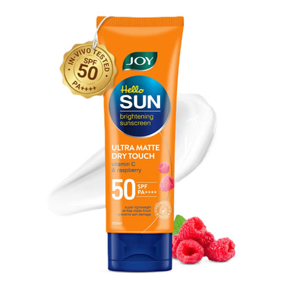 Joy Revivify Hello Sun Ultra Matte Dry Touch SPF 50 PA++++ sunscreen in a sleek tube, showcasing its matte finish and bright packaging.