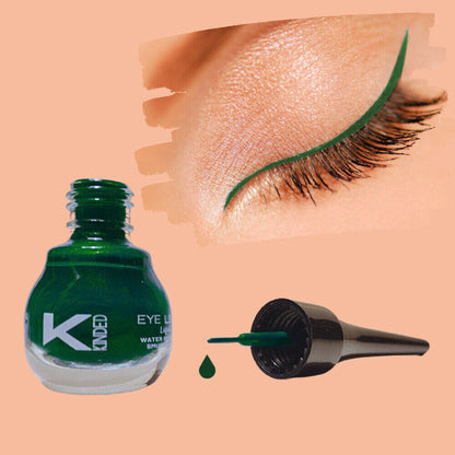 KINDED liquid eye liner in Dapper Green with a sleek applicator brush and vibrant green color on a white background.