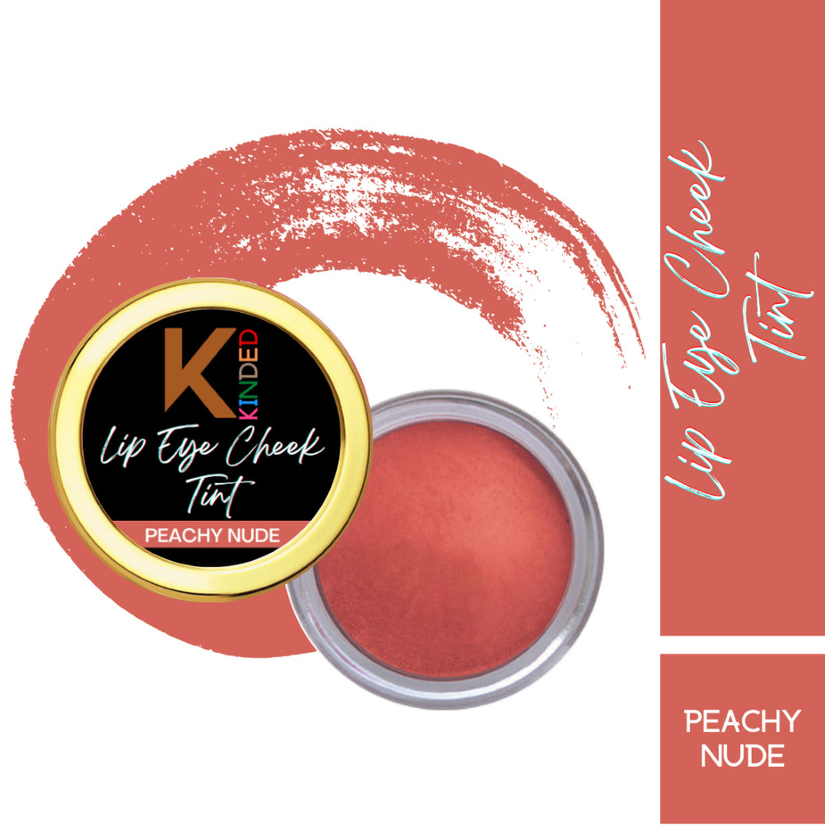 KINDED Peachy Nude Lip, Eye, and Cheek Tint in a sleek tube, showcasing a natural peachy nude shade for versatile makeup looks.