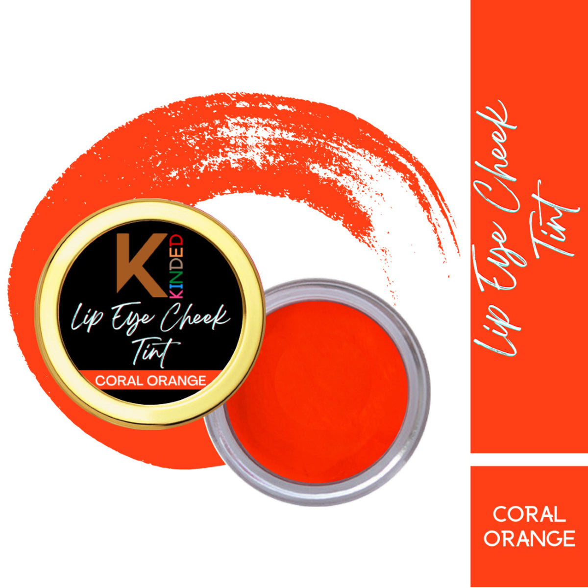 KINDED Lip, Eye, and Cheek Tint in Coral Orange, showcasing the versatile cosmetic tube with vibrant orange tint inside.
