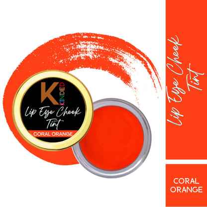 KINDED Lip, Eye, and Cheek Tint in Coral Orange, showcasing the versatile cosmetic tube with vibrant orange tint inside.