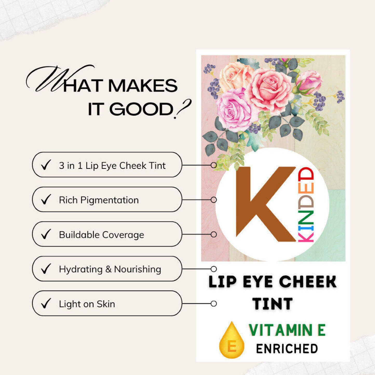 KINDED Lip, Eye & Cheek Tint with Vitamin-E Enriched - 02 More Magenta