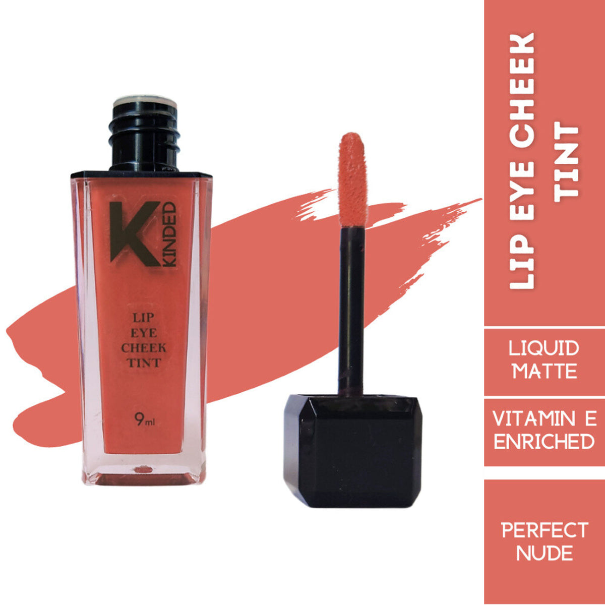 KINDED Lip, Eye & Cheek Tint in Perfect Nude with Vitamin E, showcasing the versatile, natural shade on skin and lips.