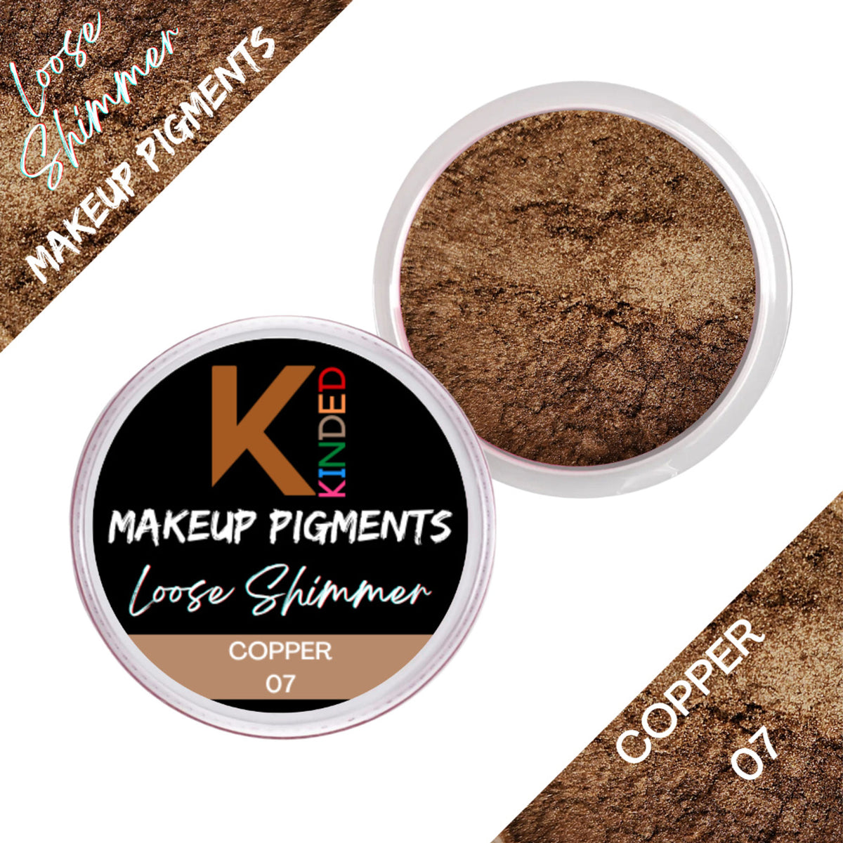 KINDED loose shimmer makeup foil pigment powder in copper, showing a close-up of the metallic, shimmering copper-colored powder.