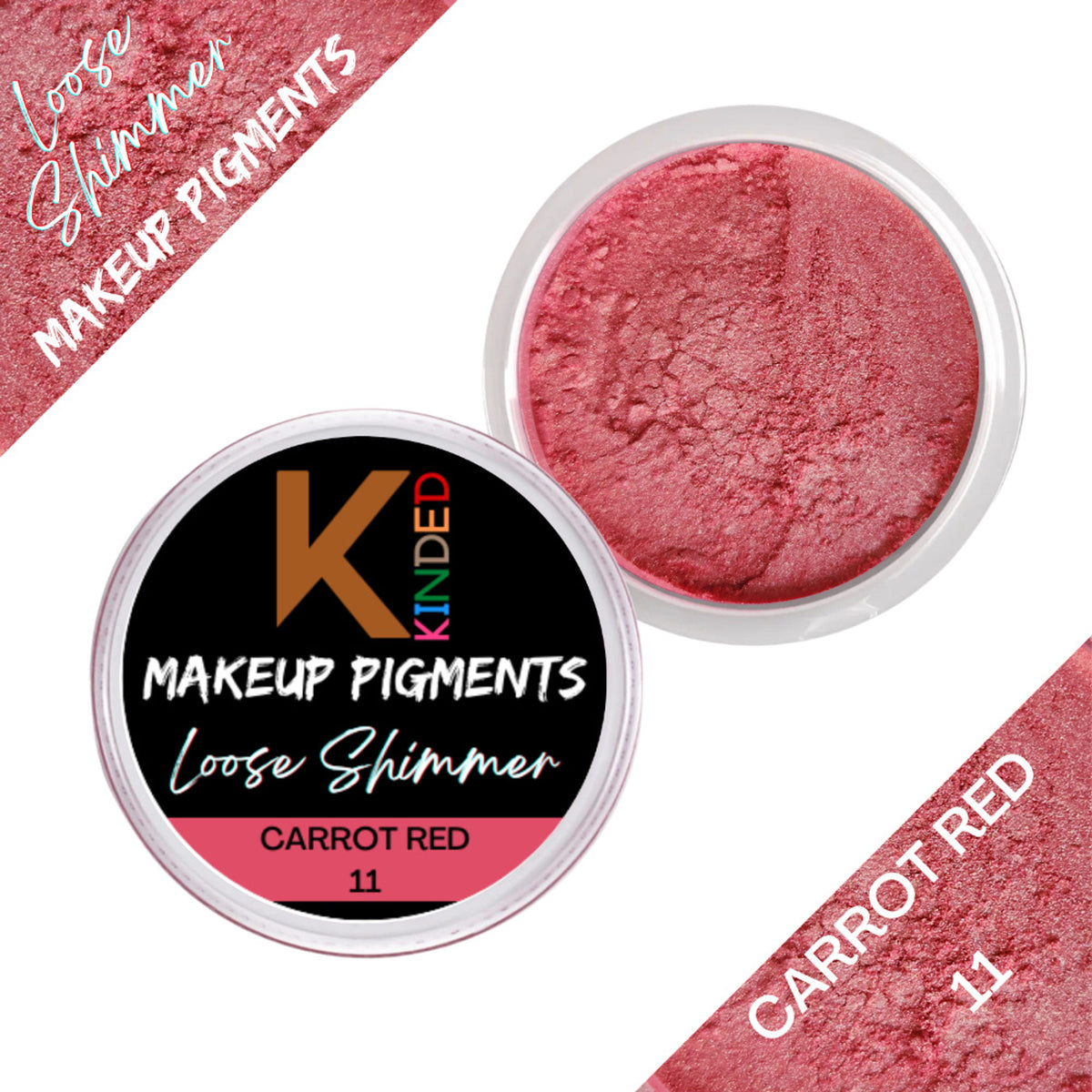 KINDED Loose Shimmer Makeup Foil Pigments Powder in Carrot Red, vibrant orange-red cosmetic pigment for eye or face makeup.